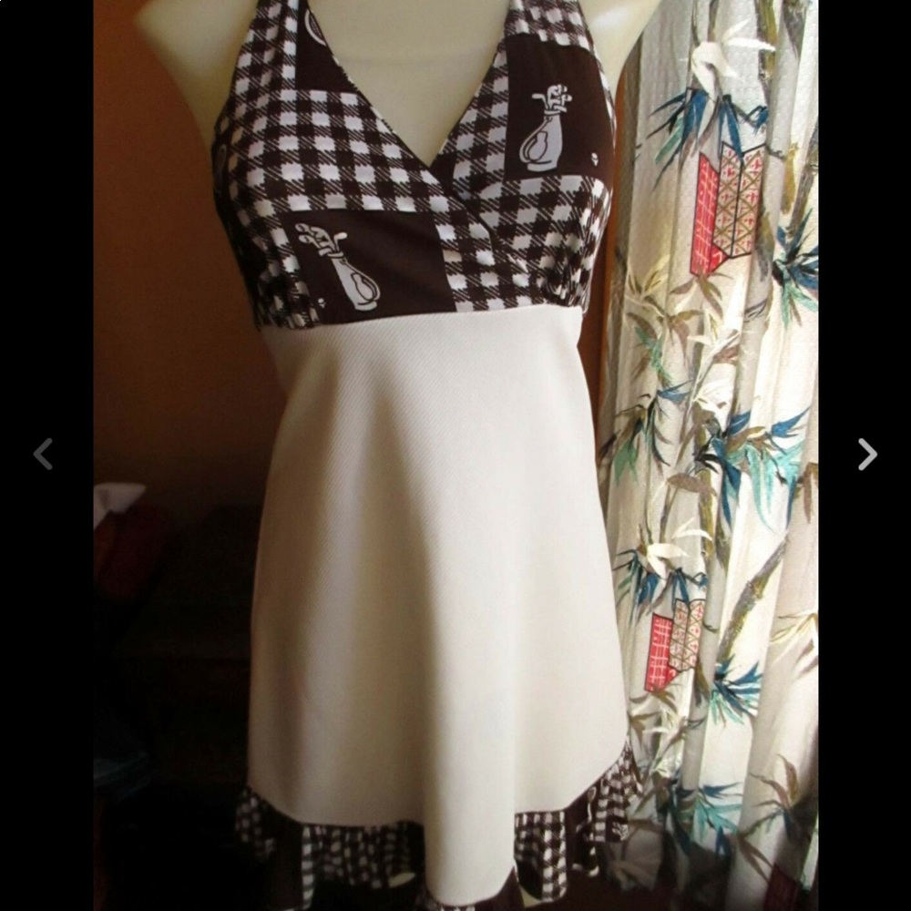 Vtg 70s Polyester BRN//WHT TENNIS/GOLF PRINT DRESS
